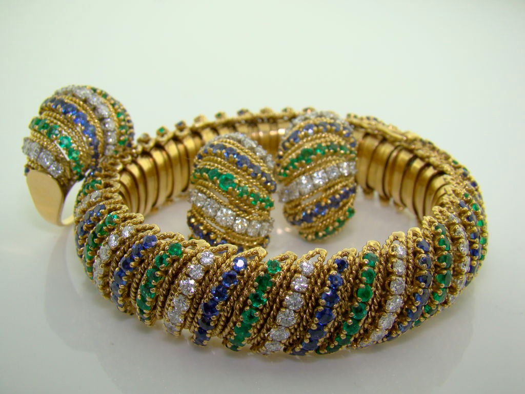 Women's 18K Yellow Gold, Diamond, Emerald & Sapphire Bracelet by V.C.A.