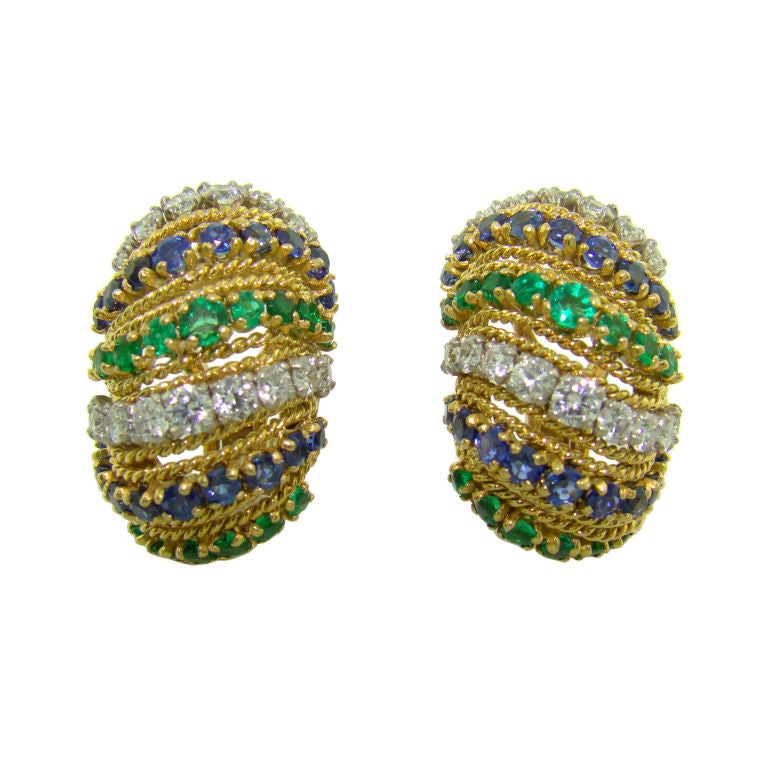 18K Yellow Gold, Diamond, Emerald & Sapphire Earrings by V.C.A