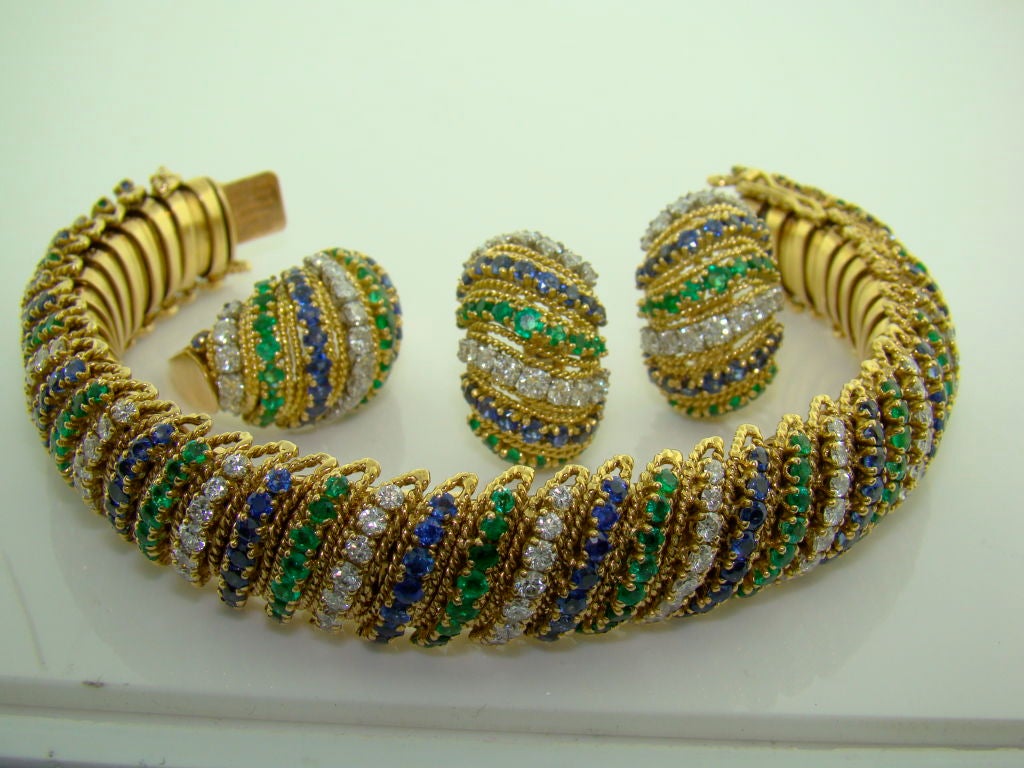 18K Yellow Gold, Diamond, Emerald & Sapphire Earrings by V.C.A