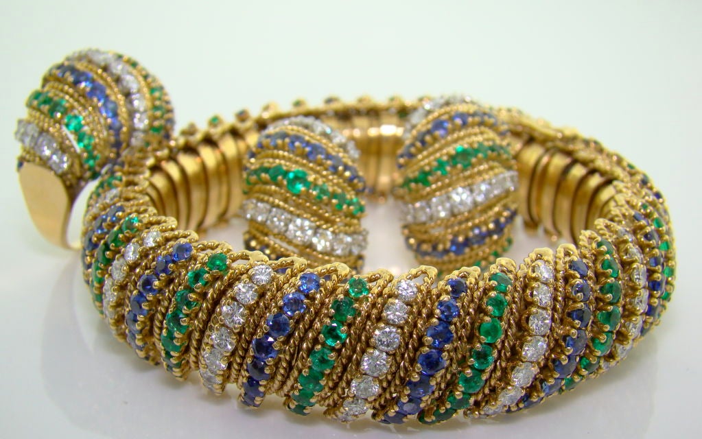 18K Yellow Gold, Diamond, Emerald & Sapphire Ring by V.C.A. 1