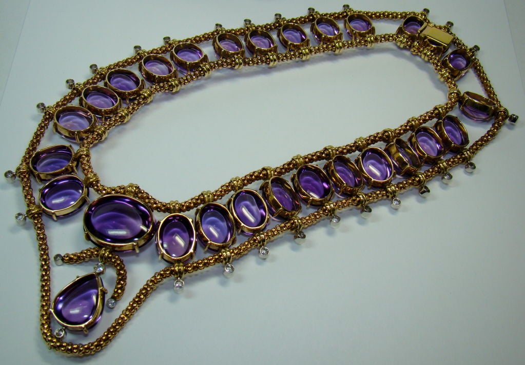 18K Yellow Gold, Amethyst & Diamond Necklace - Twenty-Eight Cabachon Amethysts weighing 300 carats in total, Thirty Diamonds weighing 4.50 carats in total.