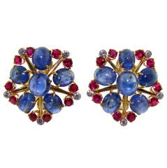 18K Yellow Gold, Sapphire, Ruby & Diamond Earrings by Aletto Bro
