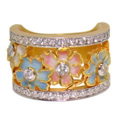 18 Karat Yellow Gold, Diamond & Enamel Ring by Masriera