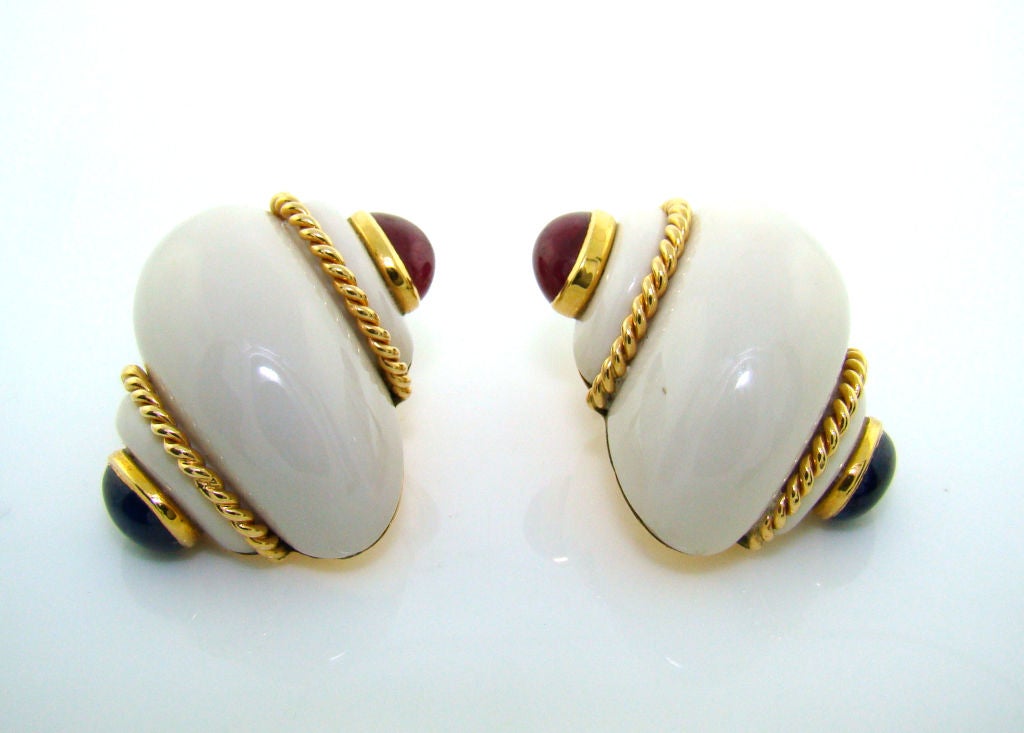 18K Yellow Gold, Ruby & Sapphire Earrings by Verdura