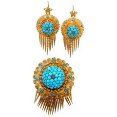 Antique 14K Yellow Gold & Turquoise Earrings & Broach Set