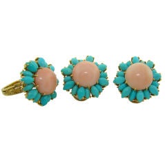 18K Yellow Gold, Coral 
Turquoise Ring 
Earrings Set