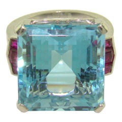 Vintage 18K White Gold, Aquamarine & Ruby Ring by Tiffany & Co