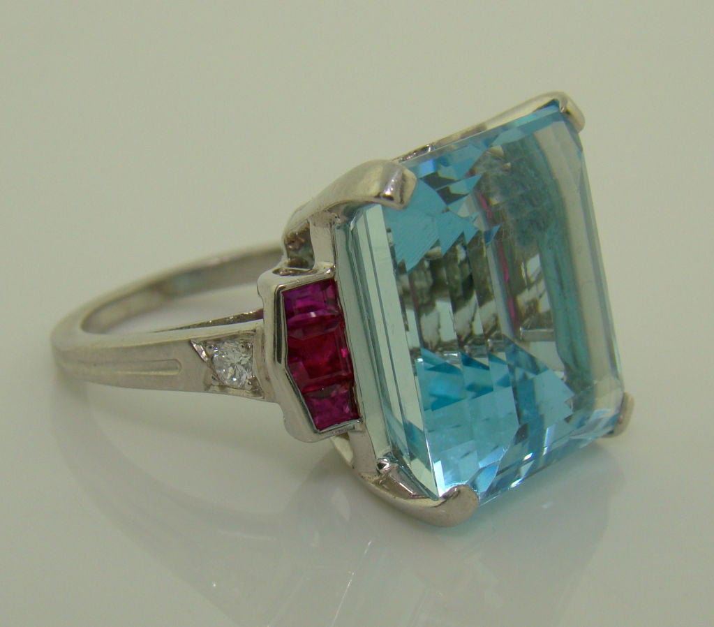 18K White Gold, Aquamarine & Ruby Ring by Tiffany & Co - 20.06 carat Aquamarine, 0.50 carats of Ruby, 0.07 carats of Diamond, signed Tiffany & Co. c/1950