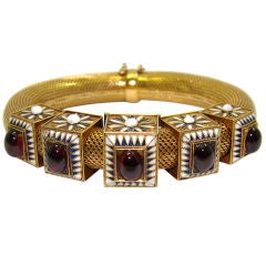 18K Yellow Gold Etruscan Revival  Bracelet, w/ Garnets & Enamel