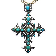 Turquoise, Enamel and Silver Cross
