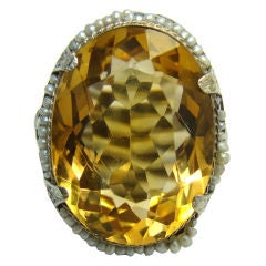 14K White Gold, Citrine & Seed Pearl Ring