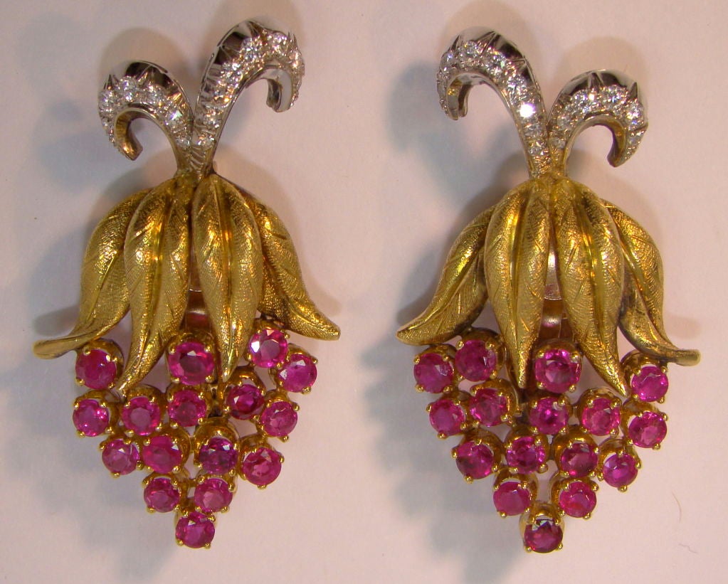 1940's Italian Ruby & Diamond Necklace & Earrings in Yellow Gold