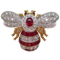 18K Yellow Gold, White Gold, Ruby & Diamond Bumble Bee Brooch