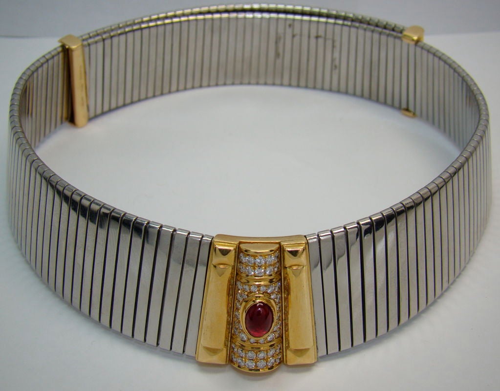 Diamond, Ruby, 18K Yellow Gold & Stainless-Steel Collar by Bvlgari - Expandable to fit every neck size, comfort fit and flexible, Contemporary