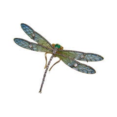 18K Yellow Gold, Emerald, Diamond & Enamel Dragonfly