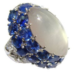 Moonstone, Blue Sapphire & Diamond Ring in 18K White Gold