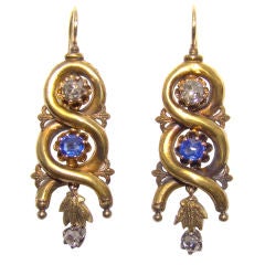Antique Victorian Diamond & Blue Sapphire Earrings in 14K Yellow Gold