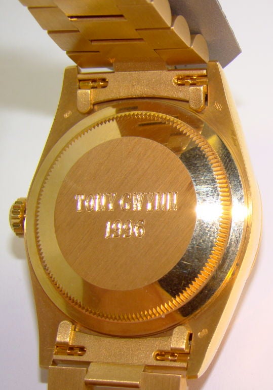 18K Yellow Gold Day-Date by Rolex - Presented to Hall of Fame hitter Tony Gwynn in 1996 by the San Diego Padres franchise, name engraved on back case, new-condition