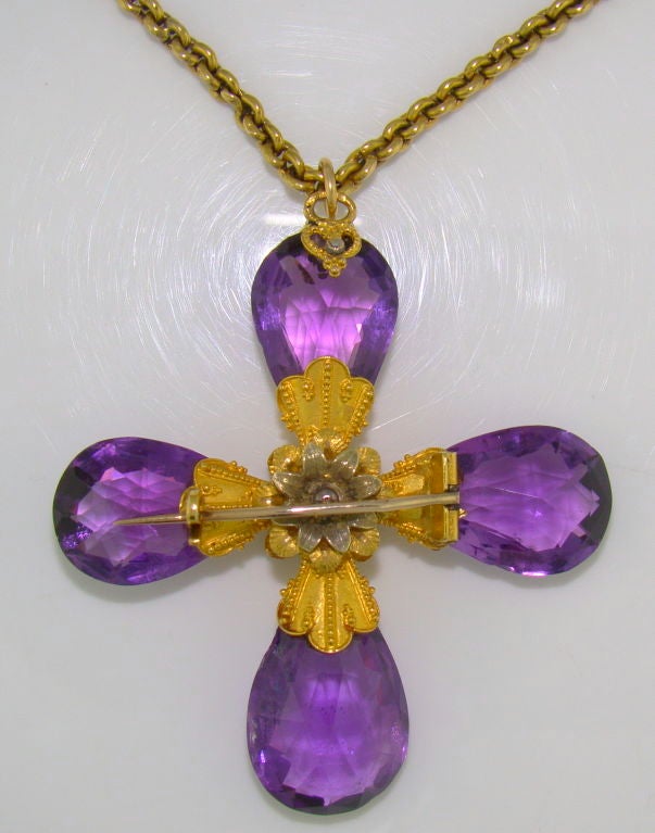 Etruscan Yellow Gold & Briolette Amethyst Cross - Pendant and Brooch combination, original bead chain w/ plunger, circa 1890, 2.25 inches in height by approximately 2 inches wide, yellow gold chain 17 inches long
