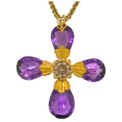 Etruscan Yellow Gold & Briolette Amethyst Cross w Original Chain