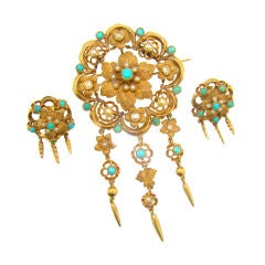 Broche et boucles d'oreilles victoriennes en or jaune, turquoise et perles