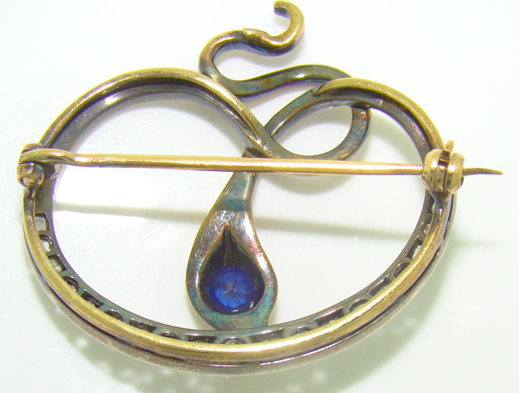 Victorian Snake Brooch Silver on Yellow Gold, Diamond & Sapphire - circa 1880, 1.5 inches wide