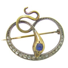 Victorian Snake Brooch Silver on Yellow Gold, Diamond & Sapphire