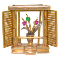 18K Yellow Gold, Ruby & Emerald Novelty Window Box "Opens!"