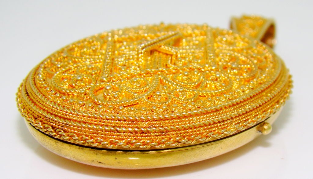 Etruscan Filigree Yellow Gold Locket - Amazingly detailed Etruscan Wire-Work, 2.75 inches tall by 1.5 inches wide