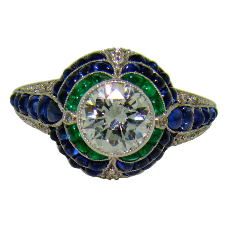 Handmade Platinum, Diamond, Sugarloaf Emerald and Sapphire Ring at 1stDibs