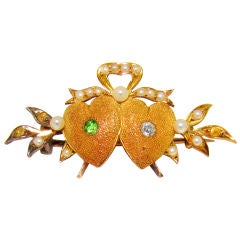 Antique Yellow Gold, Tsavorite Garnet, Diamond & Natural Pearl Brooch