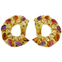 Bvlgari 18K Yellow Gold, Diamond & Cabachon Colored Gem Earrings