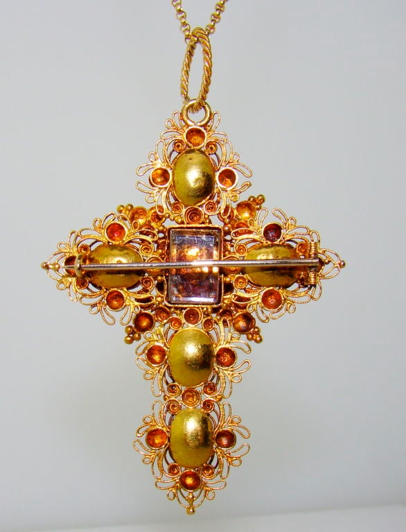 Women's Georgian Pink Topaz & Cannatille Yellow Gold Cross / Brooch