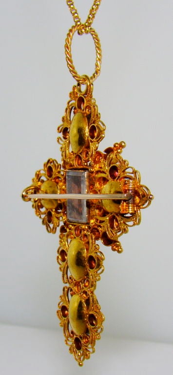Georgian Pink Topaz & Cannatille Yellow Gold Cross / Brooch 1