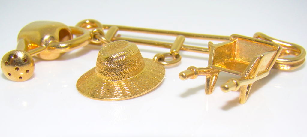 Cartier 18K Yellow Gold Safety Pin w/ Gardening Charms - Original Cartier Pouch, circa 1970