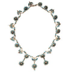 Victorian Lovebird and Daisy Necklace of Turquoise and Pearl
