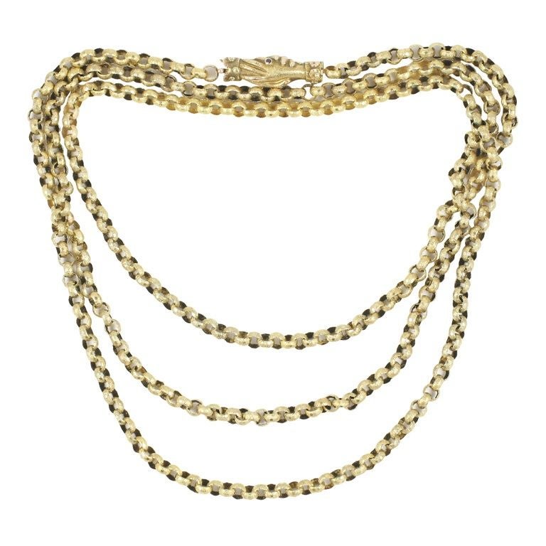 Women's Antique  Long Gold Chain, Georgian with Clasped Hands Closure