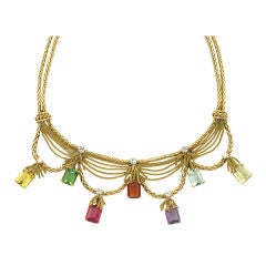 Vintage Pierre Sterlé Necklace in 18K Gold with Multi-Colored Stones