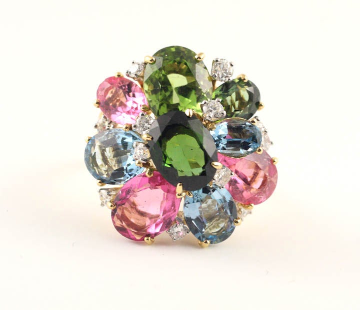 18KT Gold, Diamond, Tourmaline, Aqua and Peridot Ring