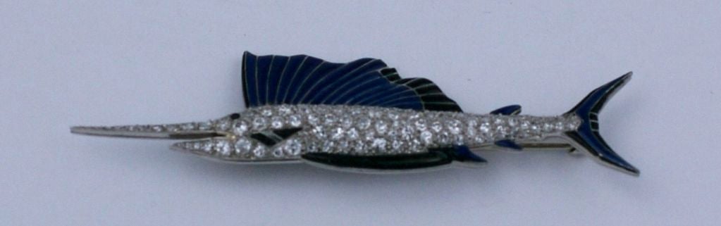 Art Deco Enamel Onyx Diamond Platinum Sailfish In Excellent Condition For Sale In Riverdale, NY