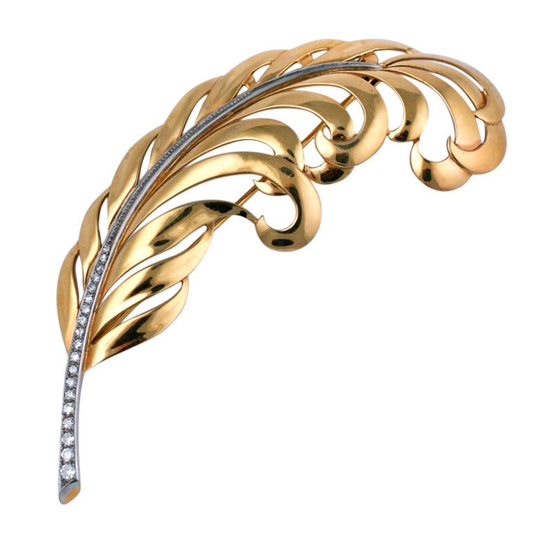 Tiffany Retro Gold and Diamond Feather For Sale