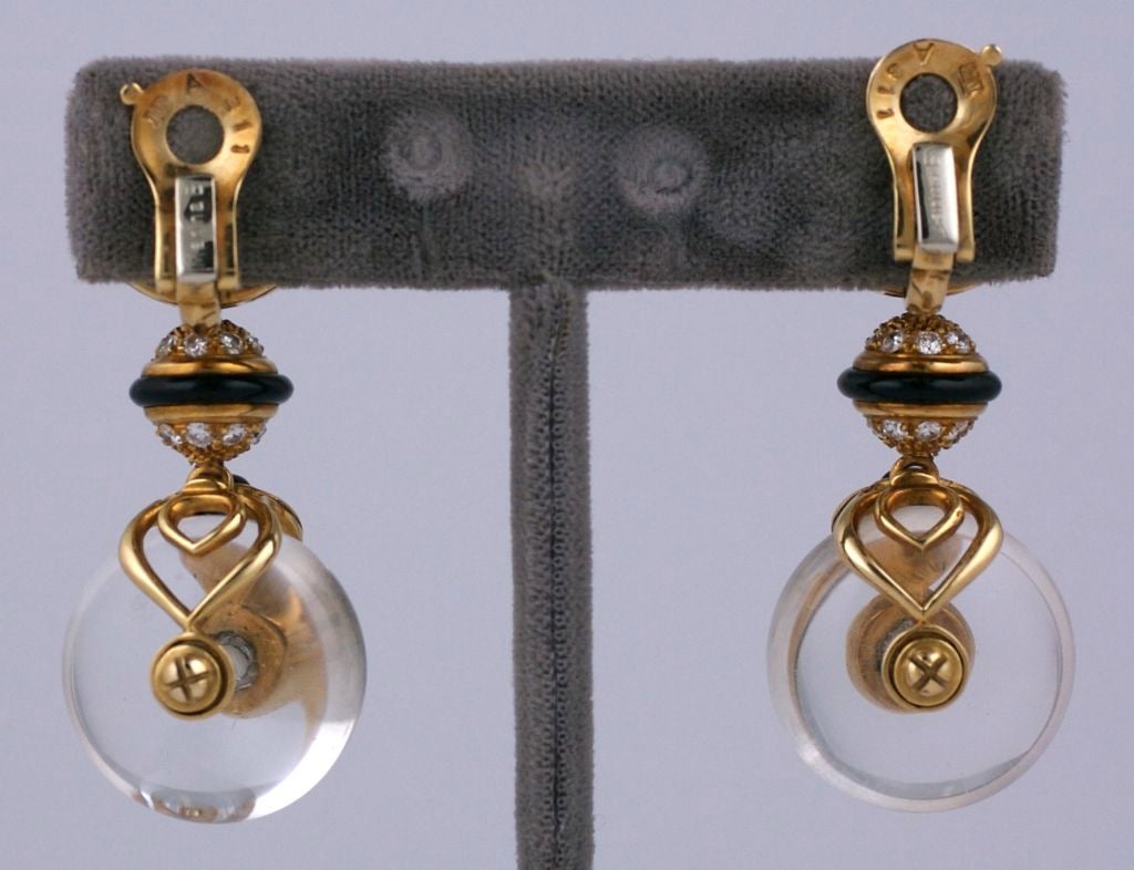 Classic Marina B. earrings with interchangeable stone drops circa 1980s. Versatile and elegant in onyx, pave diamonds and gold with an included screwdriver that allows the wearer to change the bottom drop from Rock Crystal to either turquoise or