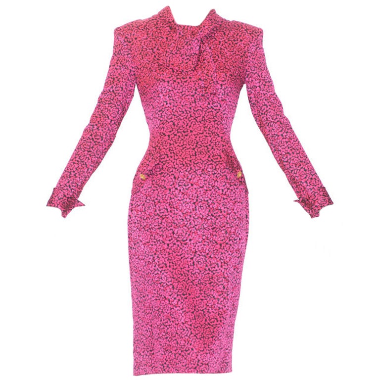 1980s Fuchsia and Black Chanel Haute Couture Silk Dress