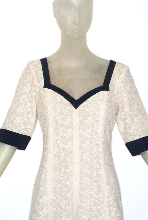 Yves Saint Laurent Ivory Lace and Navy Trim Dress