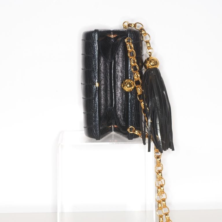 Women's 1980s Black Lizard Chanel Bag with Tassel