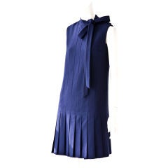 Vintage Jean Patou Navy Blue wool crepe pleated chemise day dress