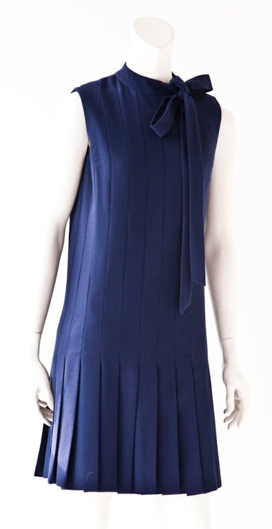 Women's Jean Patou Navy Blue wool crepe pleated chemise day dress