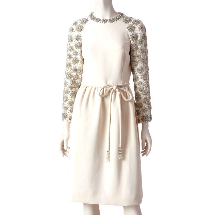 Sophie of Saks Ivory Crepe Cocktail Dress With Crystal Beading