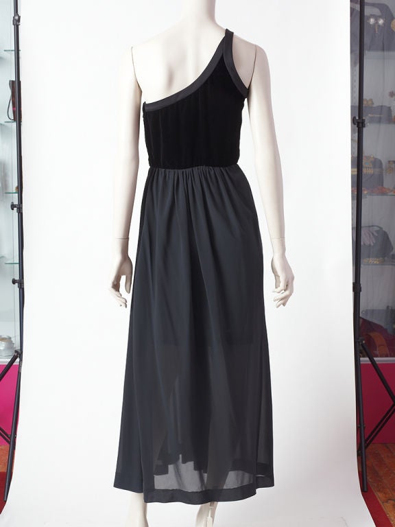 YSL velvet and chiffon layered, one shoulder evening dress at 1stdibs