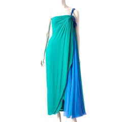 Vintage Emerald Green and Blue Chiffon One Shoulder Evening Dress